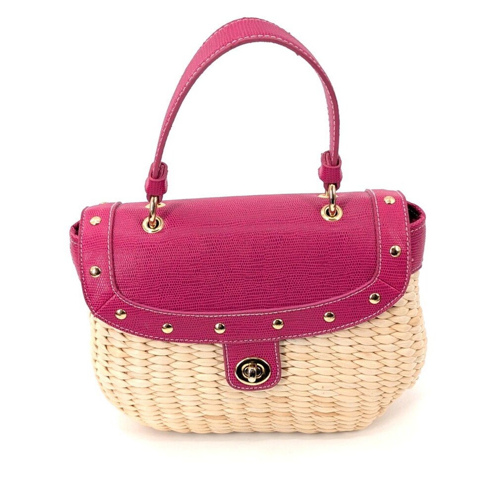 Pink Fuchsia Wicker Top Handle Turnlock Studded Faux Leather Shoulder Satchel